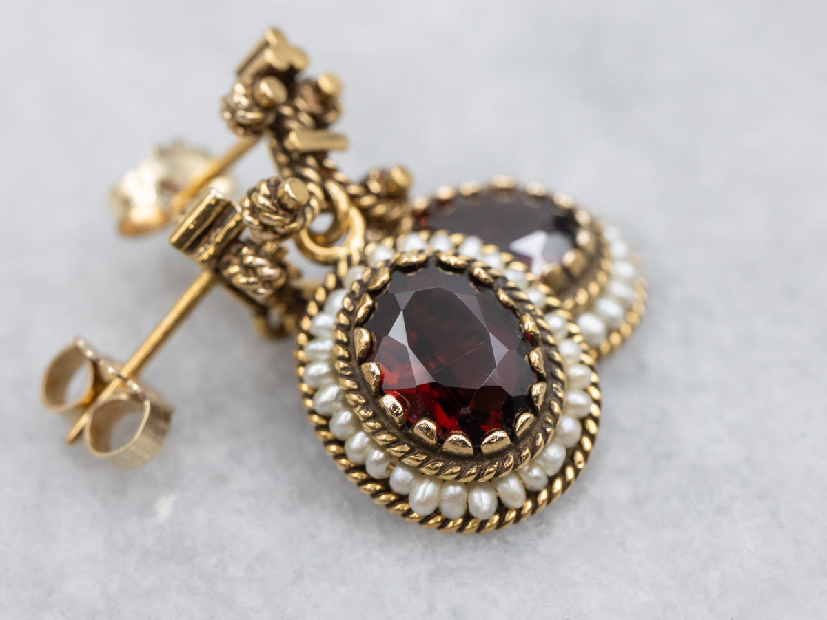 Ornate Gold Garnet and Seed Pearl Halo Drop Earrings