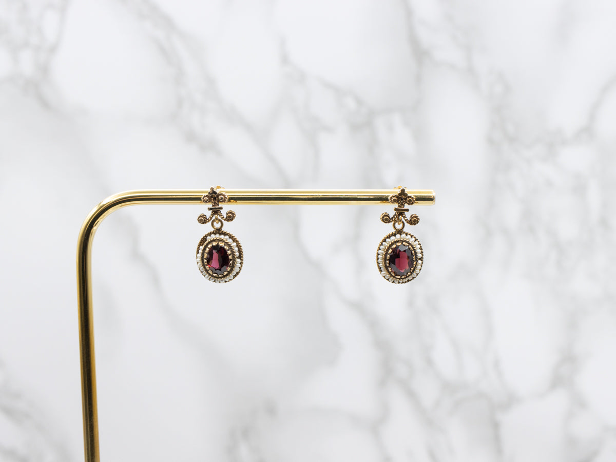 Ornate Gold Garnet and Seed Pearl Halo Drop Earrings