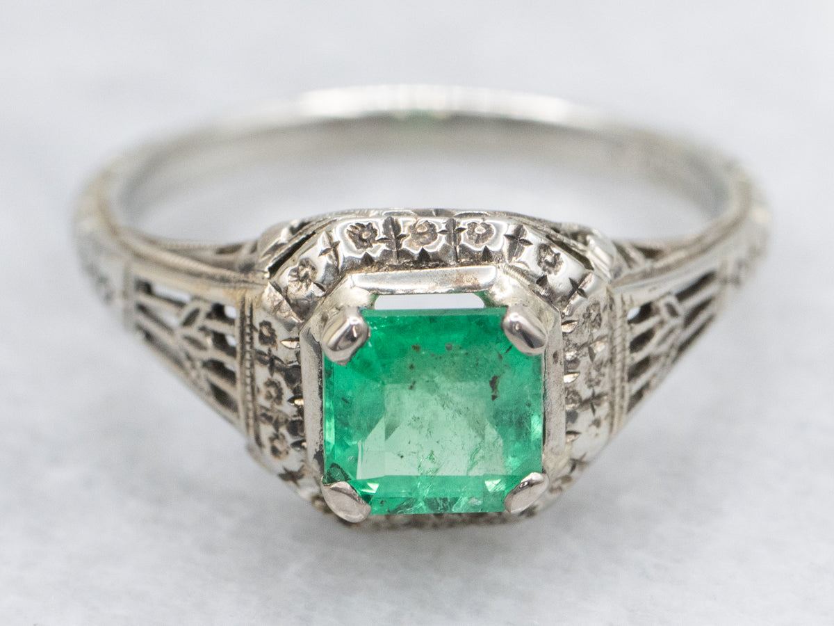 Forget-Me-Not Antique Emerald Solitaire Ring
