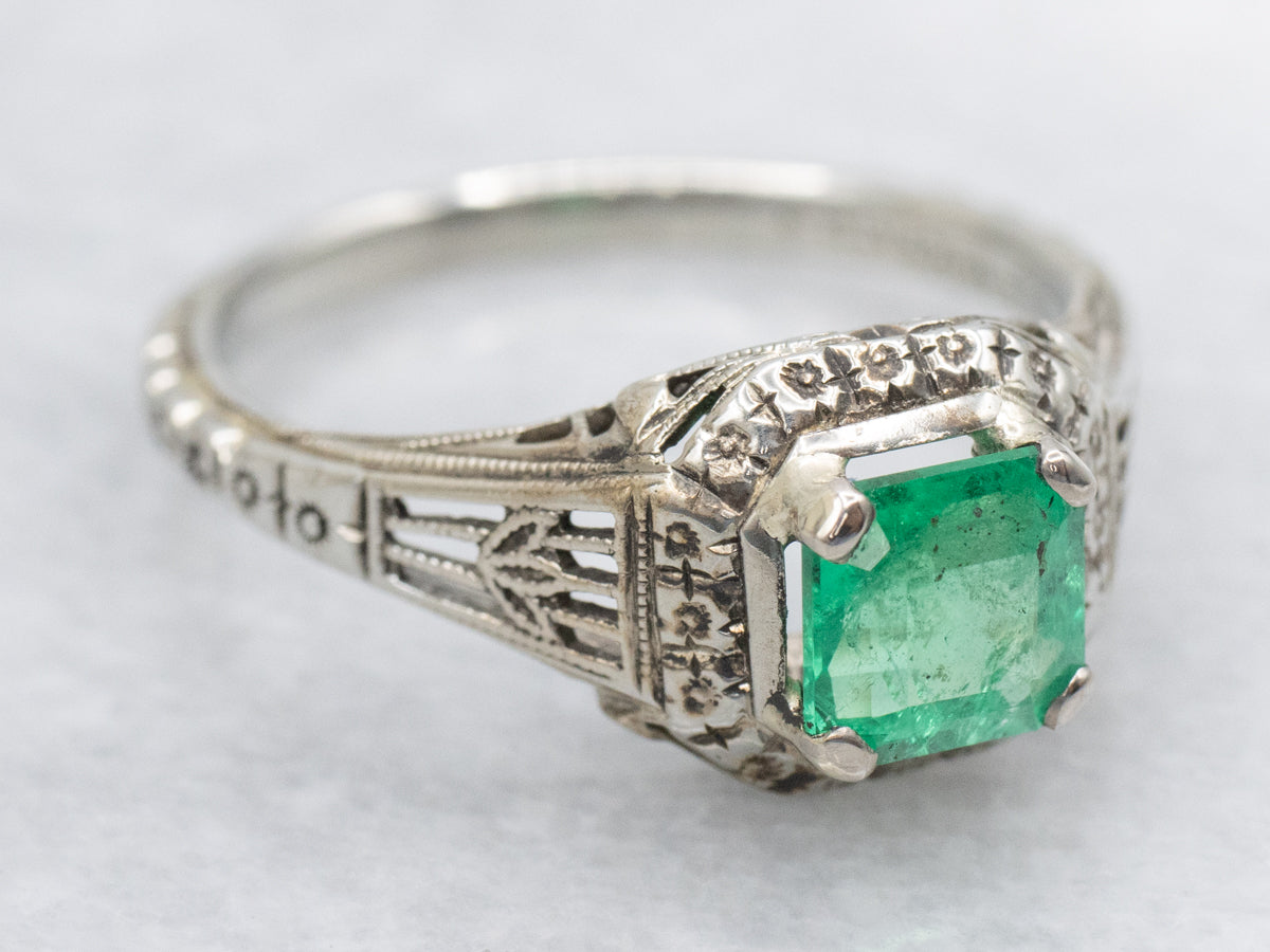 Forget-Me-Not Antique Emerald Solitaire Ring