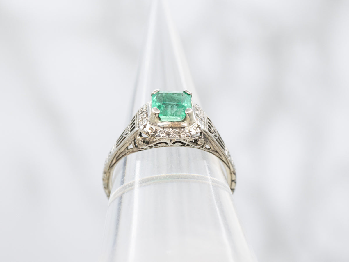 Forget-Me-Not Antique Emerald Solitaire Ring
