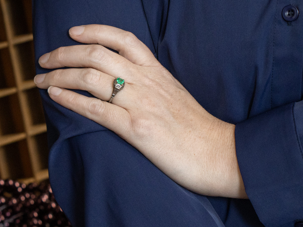 Forget-Me-Not Antique Emerald Solitaire Ring