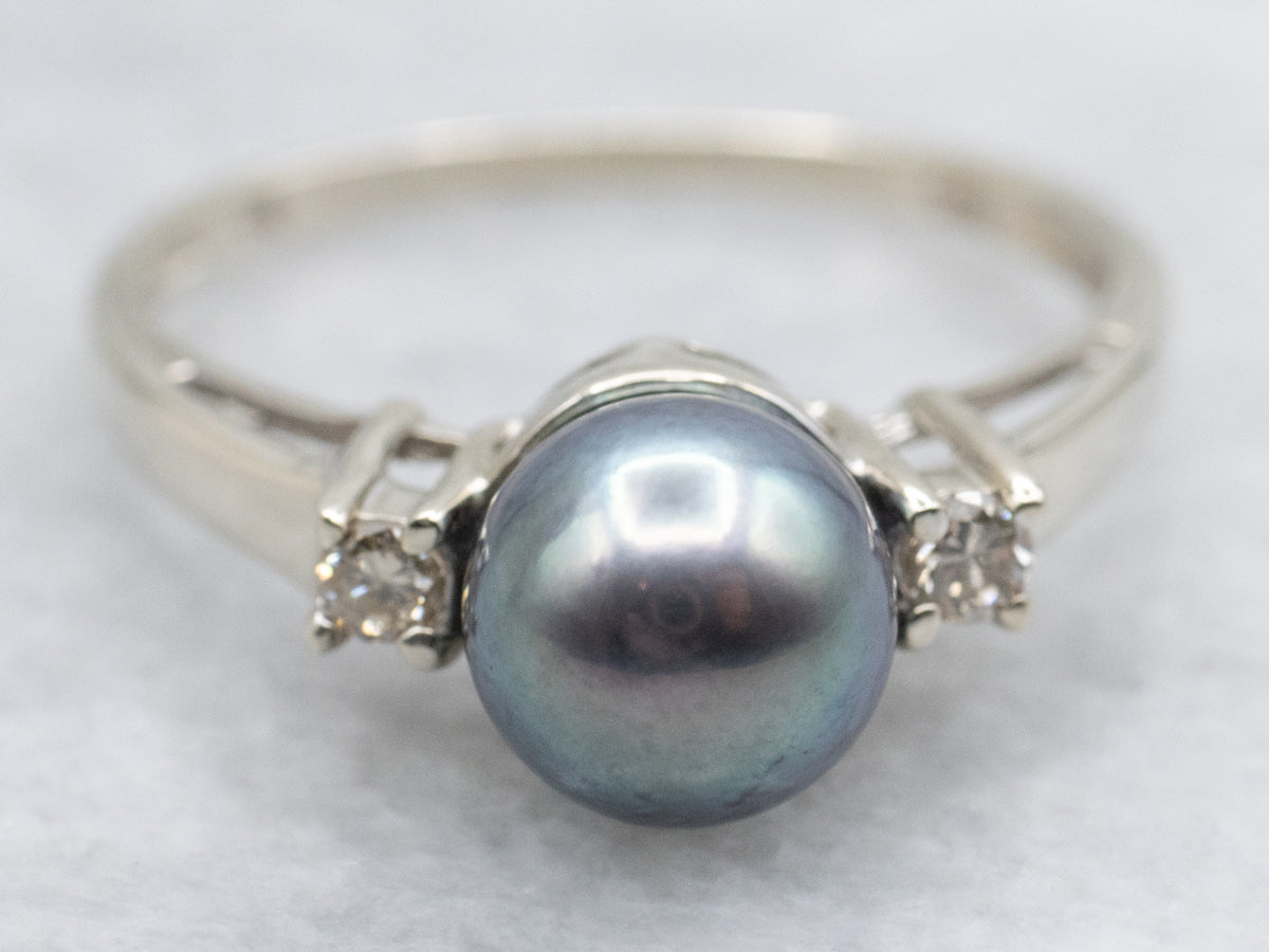Grey Pearl and Diamond White Gold Ring