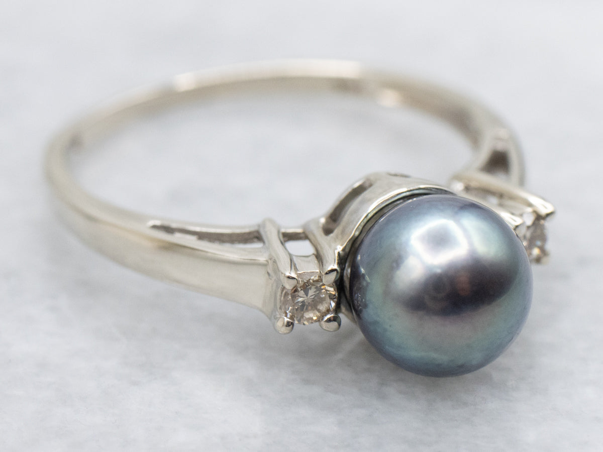 Grey Pearl and Diamond White Gold Ring