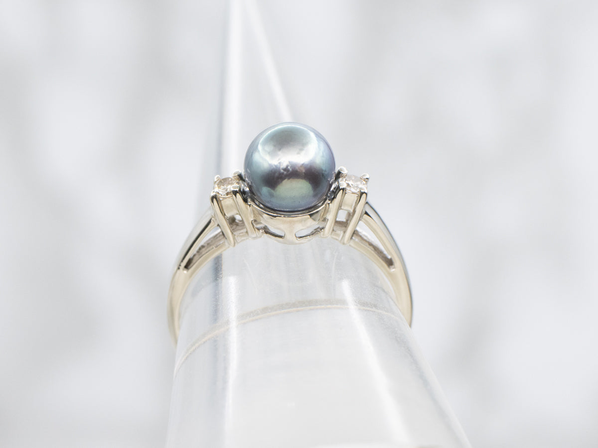 Grey Pearl and Diamond White Gold Ring