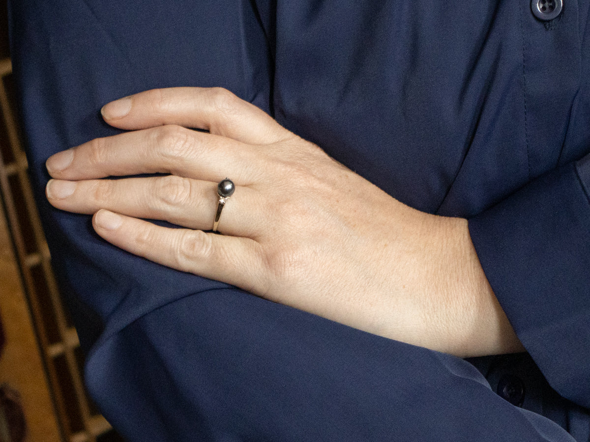 Grey Pearl and Diamond White Gold Ring
