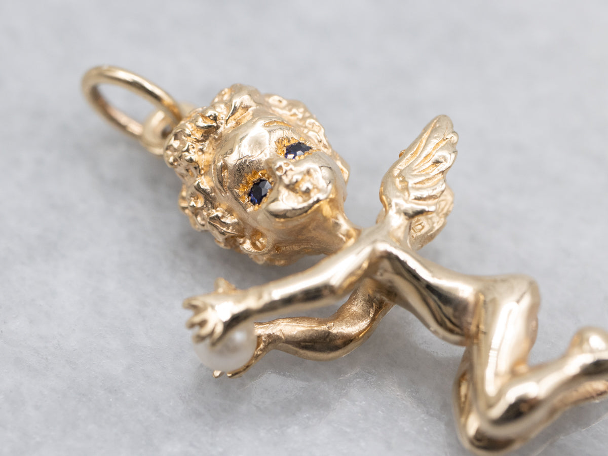 Marvin Hime Sapphire and Pearl Cherub Old Hollywood Pendant