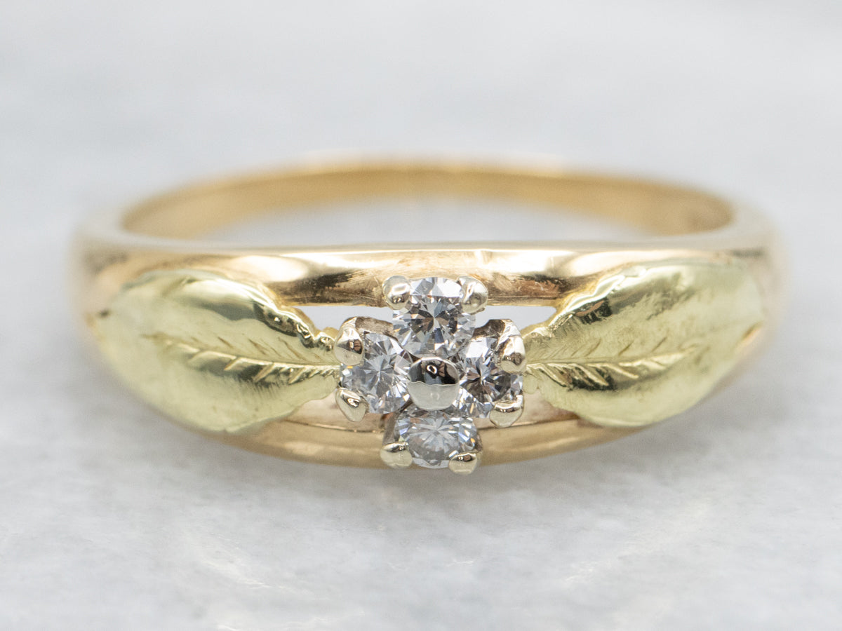 Vintage Tri-Color Gold Botanical Diamond Ring