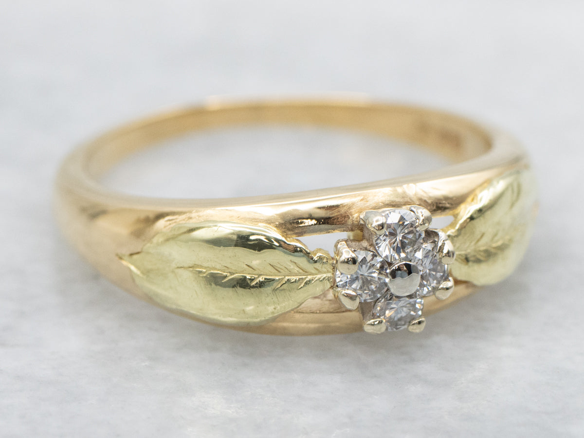 Vintage Tri-Color Gold Botanical Diamond Ring