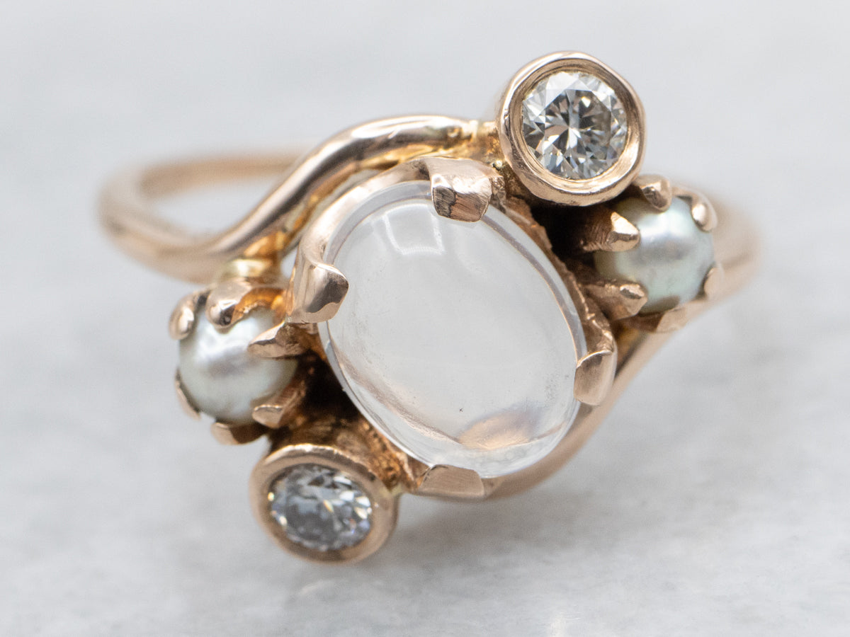 Moonstone Diamond and Pearl Rose Gold Bypass Ring