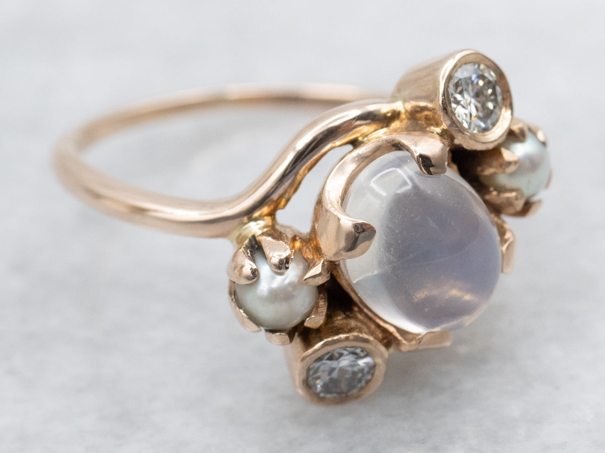 Moonstone Diamond and Pearl Rose Gold Bypass Ring
