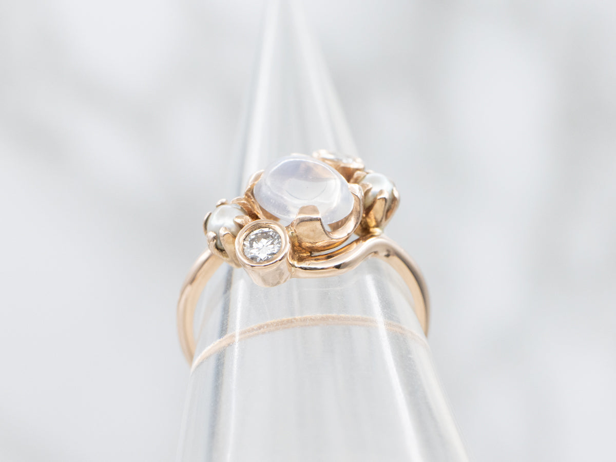 Moonstone Diamond and Pearl Rose Gold Bypass Ring