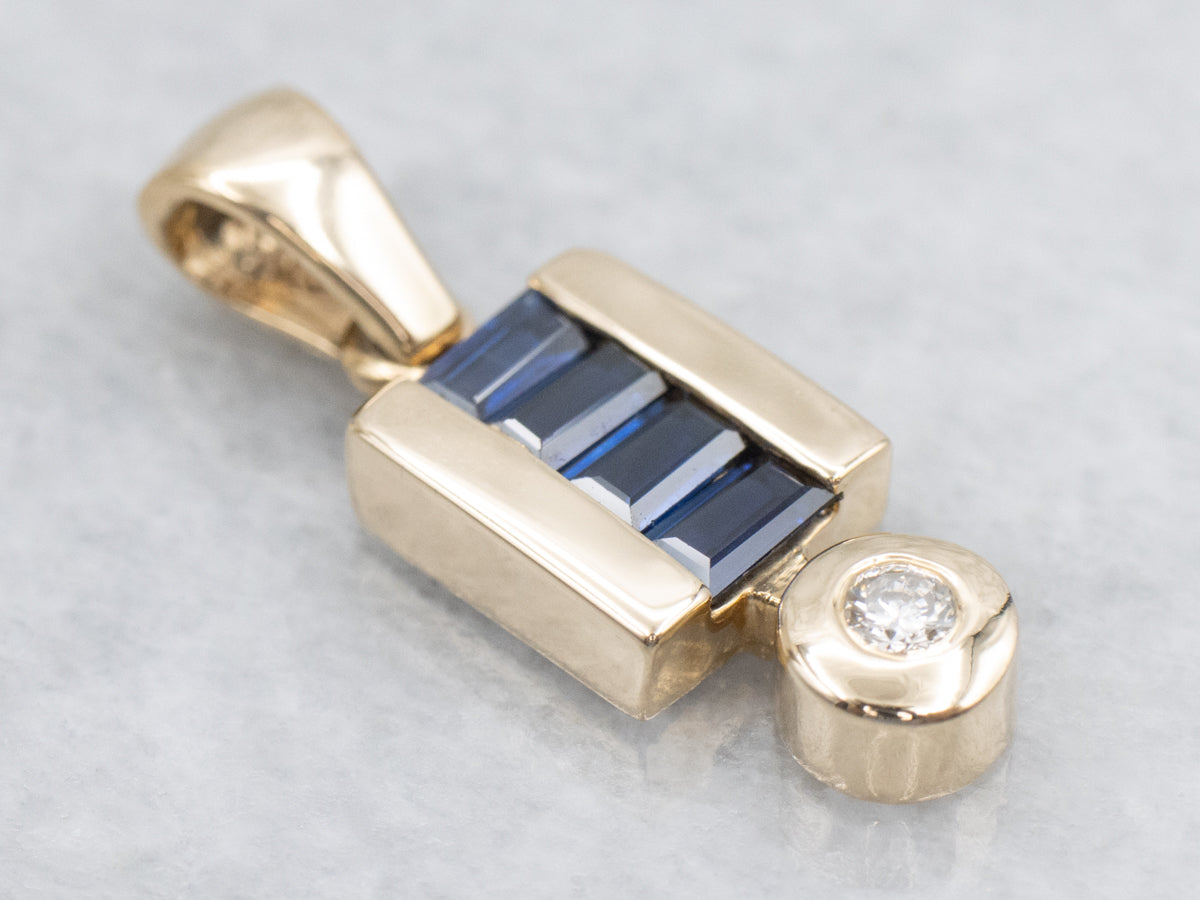 Modern Gold Sapphire and Diamond Drop Pendant