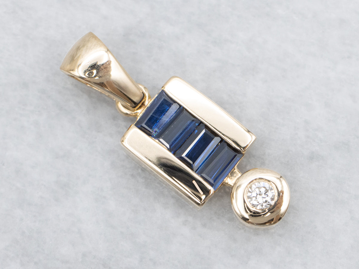 Modern Gold Sapphire and Diamond Drop Pendant