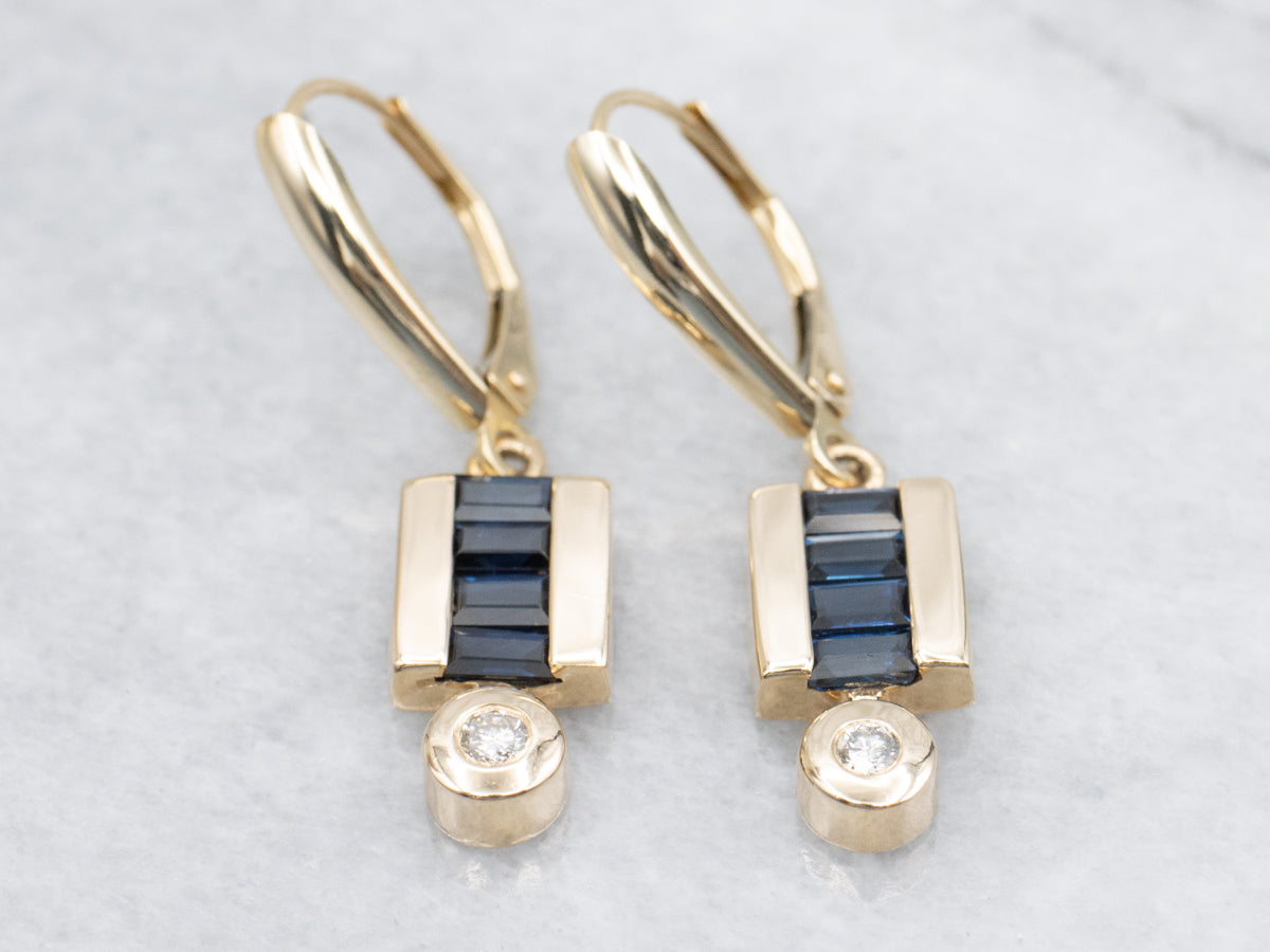 Modern Sapphire Diamond and Gold Drop Earrings