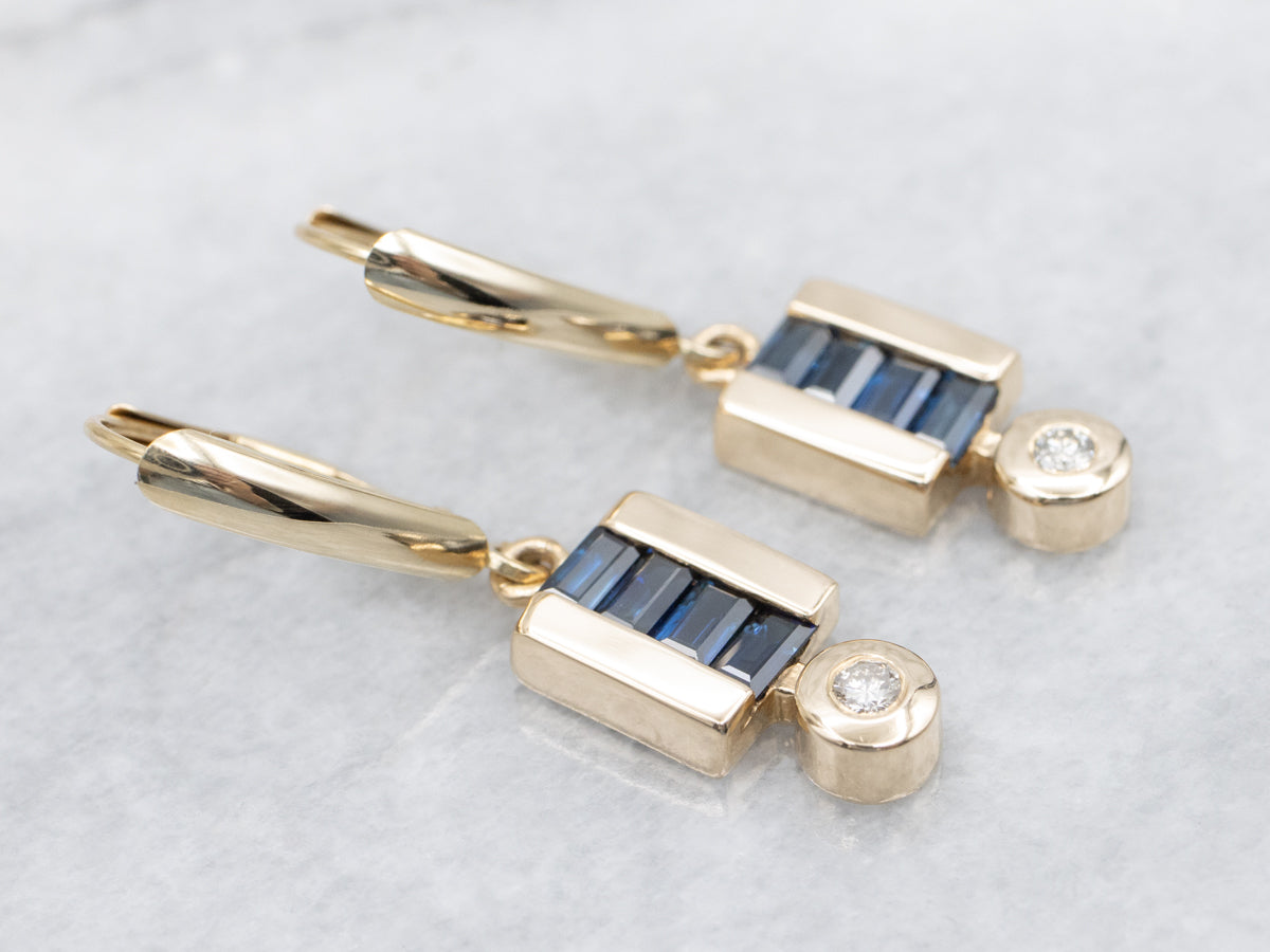 Modern Sapphire Diamond and Gold Drop Earrings