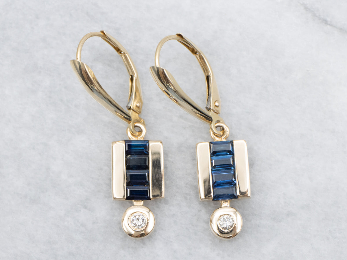 Modern Sapphire Diamond and Gold Drop Earrings