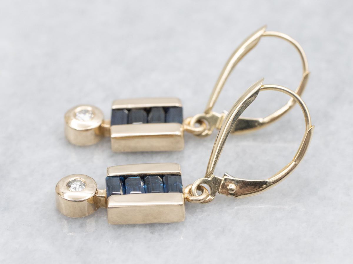 Modern Sapphire Diamond and Gold Drop Earrings