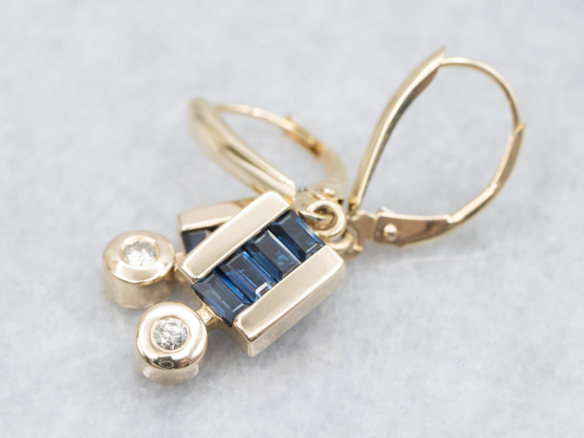 Modern Sapphire Diamond and Gold Drop Earrings