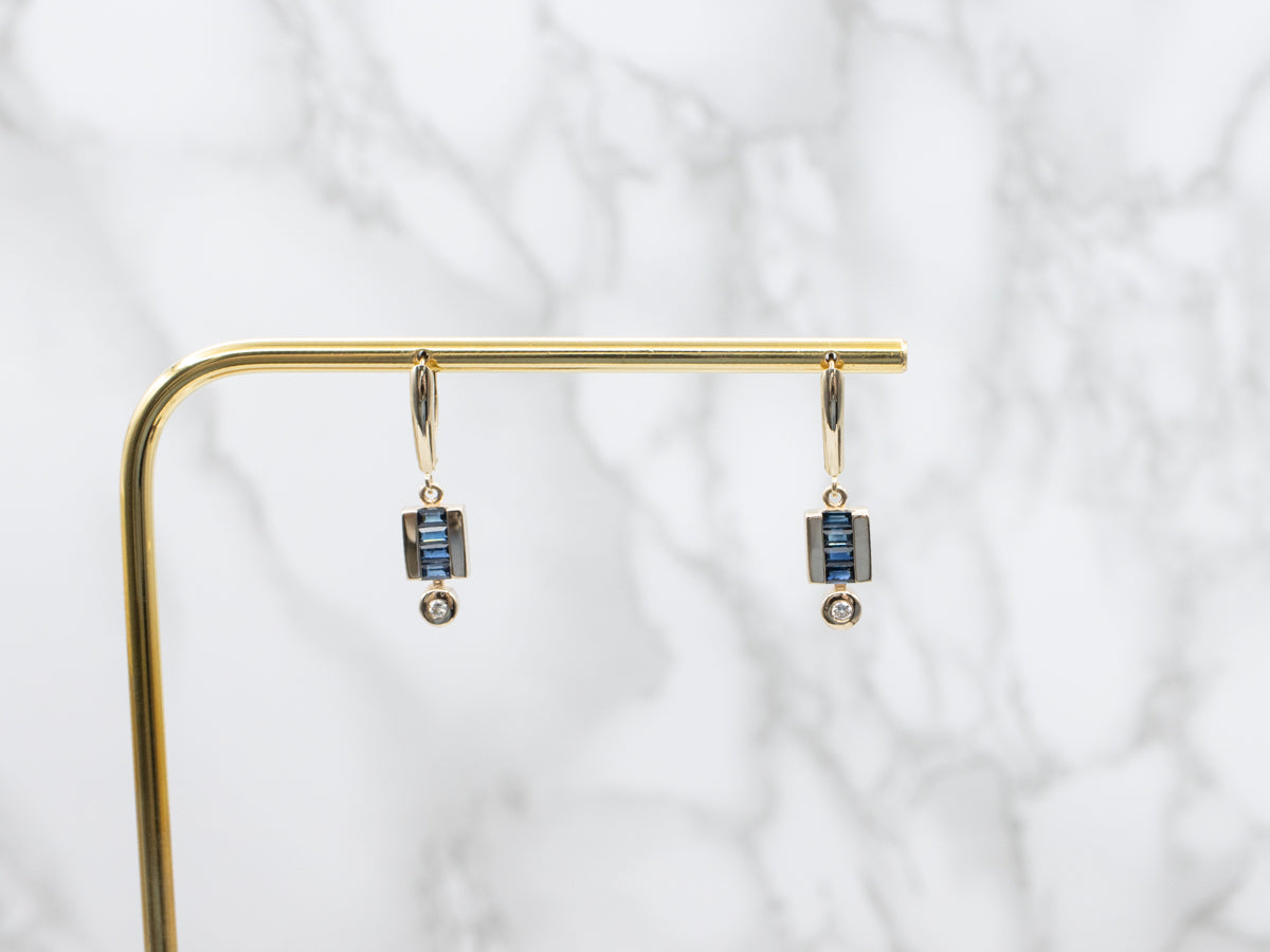 Modern Sapphire Diamond and Gold Drop Earrings