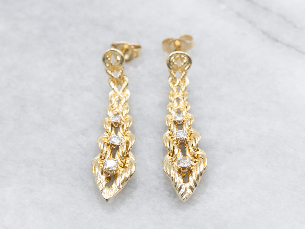 Nautical Gold Rope Twisting Diamond Drop Earrings