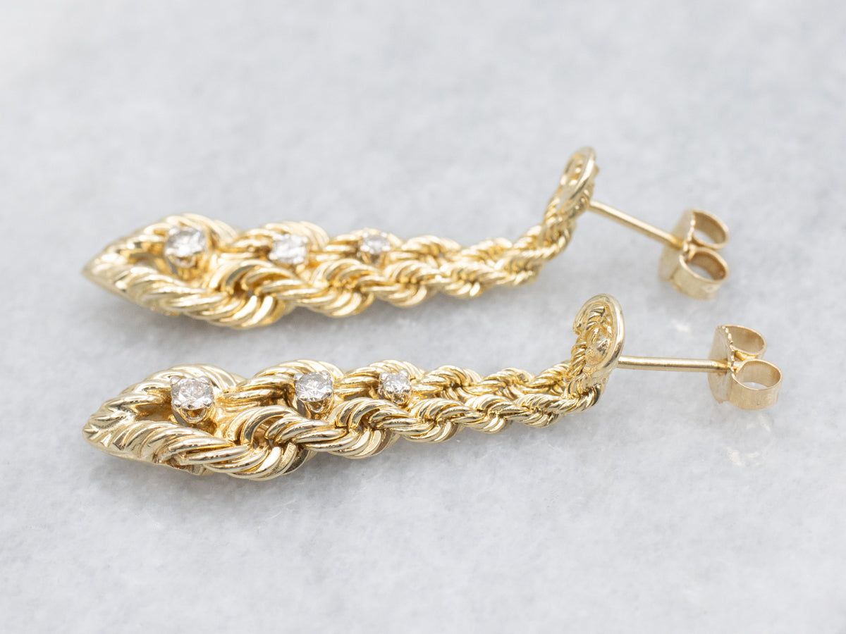 Nautical Gold Rope Twisting Diamond Drop Earrings