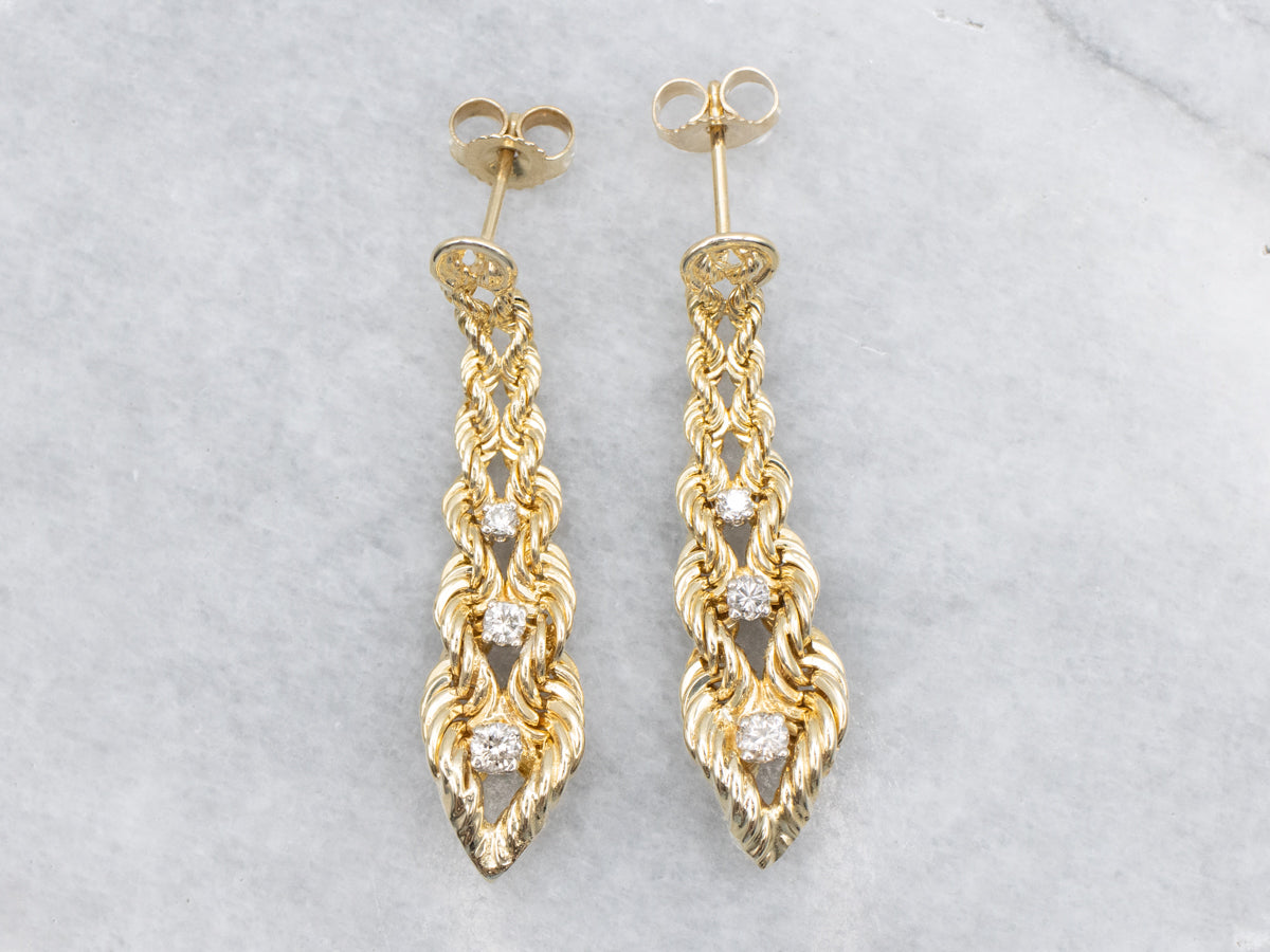Nautical Gold Rope Twisting Diamond Drop Earrings