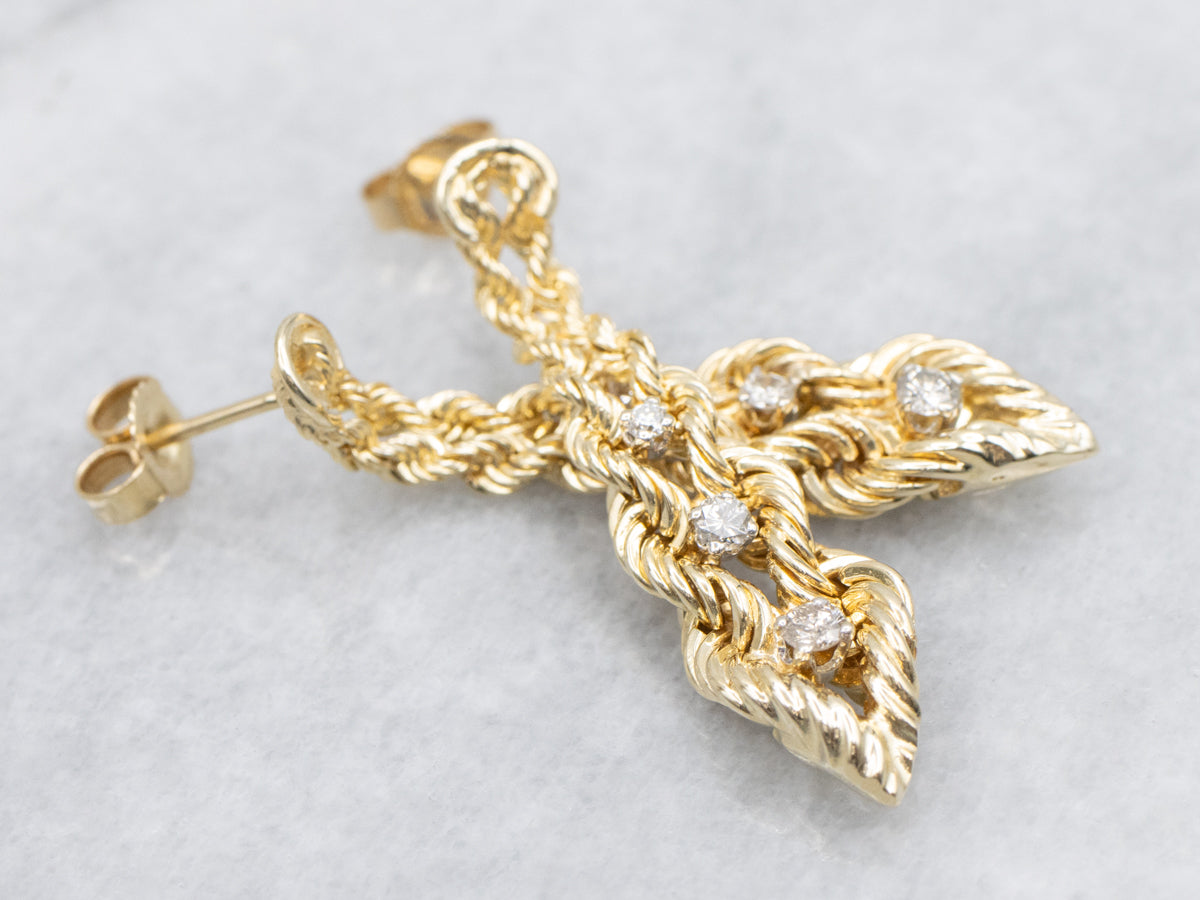 Nautical Gold Rope Twisting Diamond Drop Earrings