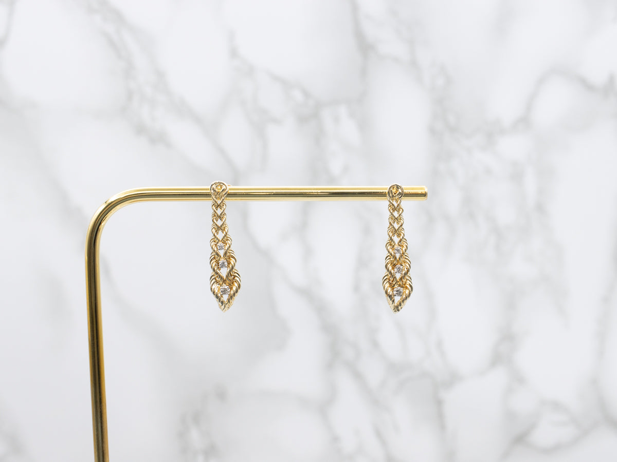 Nautical Gold Rope Twisting Diamond Drop Earrings