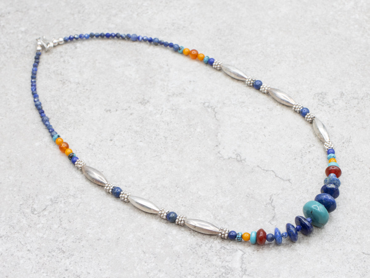 Sterling Silver Turquoise Lapis Carnelian Beaded Necklace