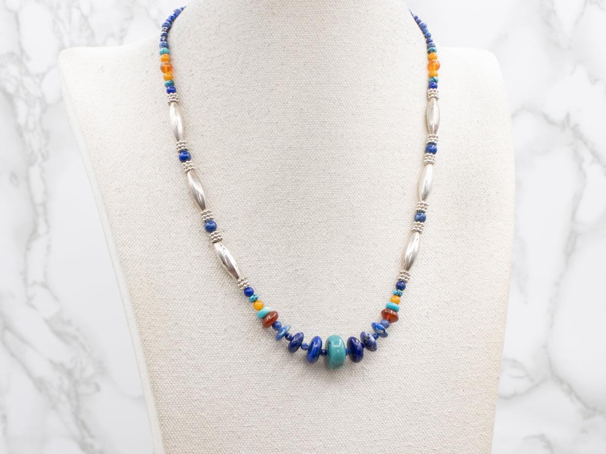 Sterling Silver Turquoise Lapis Carnelian Beaded Necklace