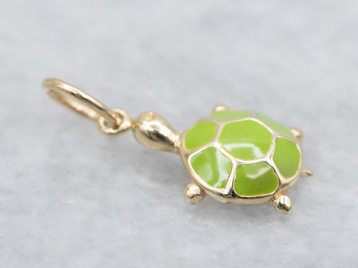 Sweet Gold Green Enamel Turtle Charm