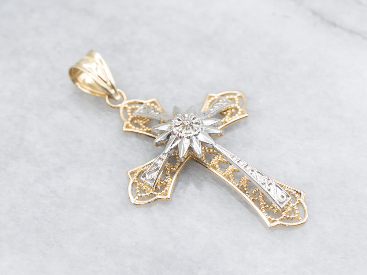 Two Tone Gold Diamond Starburst Cross Pendant