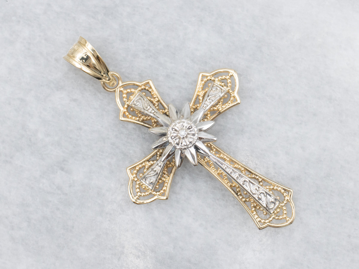 Two Tone Gold Diamond Starburst Cross Pendant