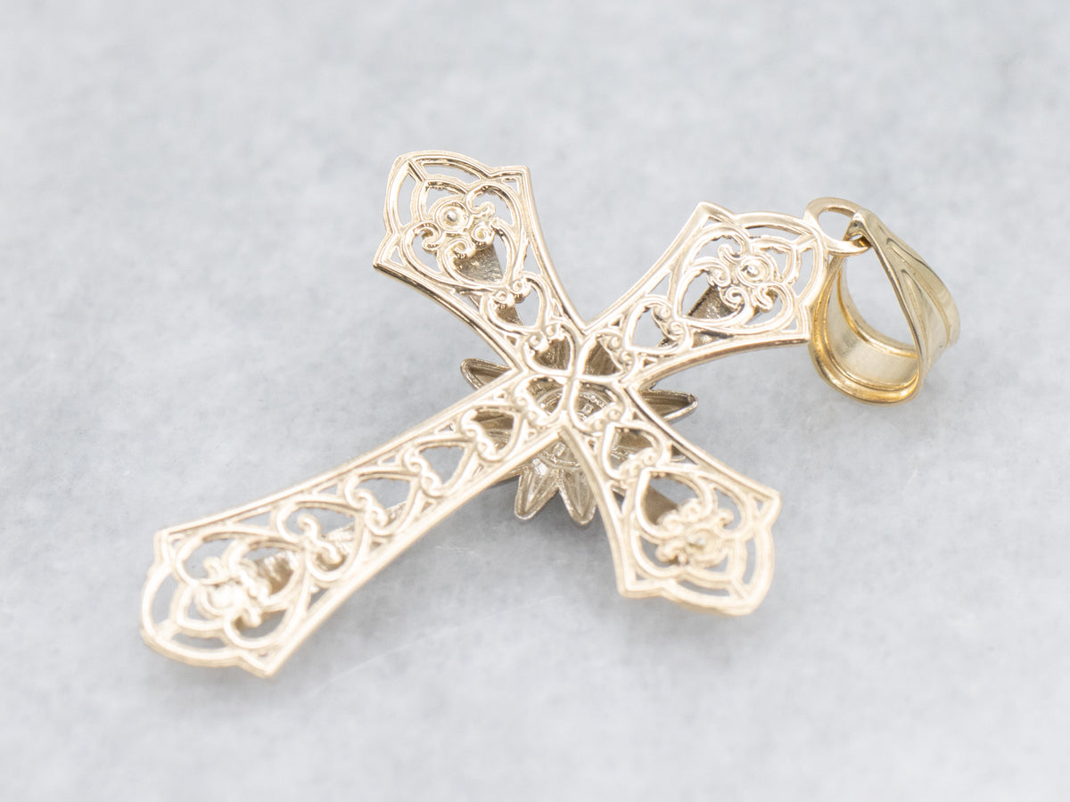 Two Tone Gold Diamond Starburst Cross Pendant