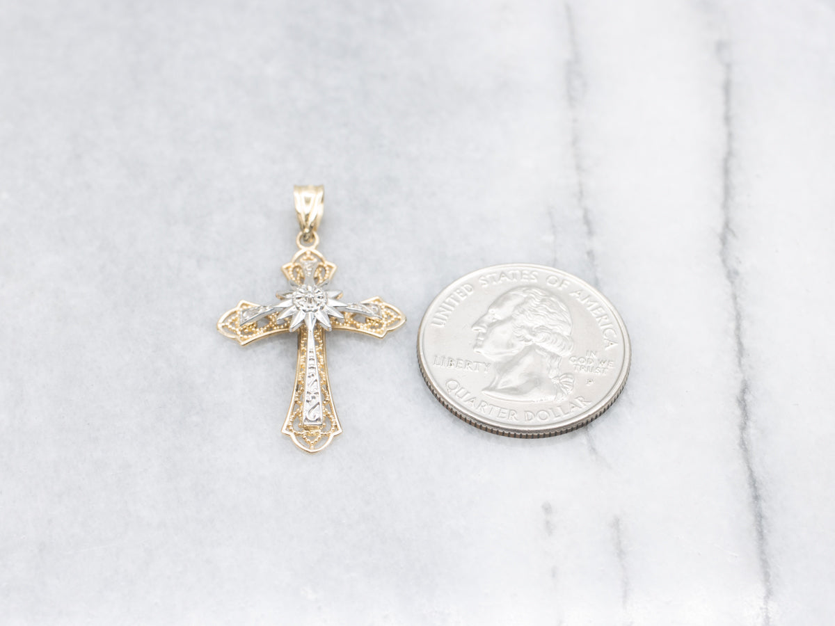 Two Tone Gold Diamond Starburst Cross Pendant