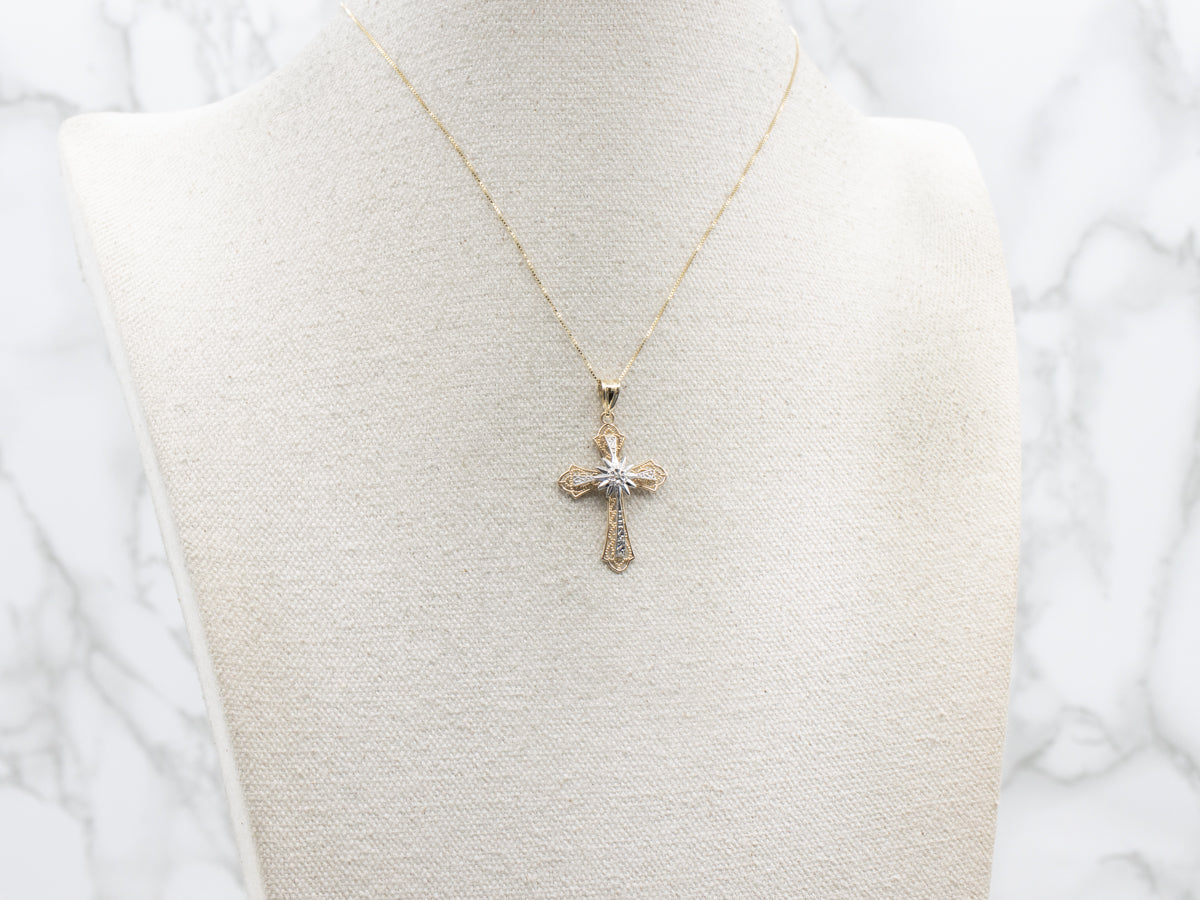 Two Tone Gold Diamond Starburst Cross Pendant