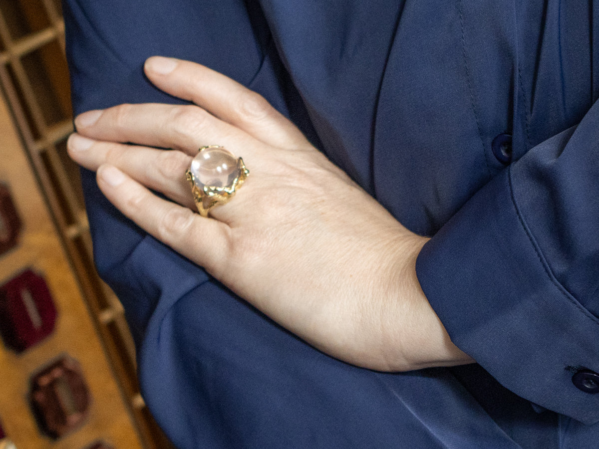 Rose Quartz and Gold Structural Setting Cocktail Ring