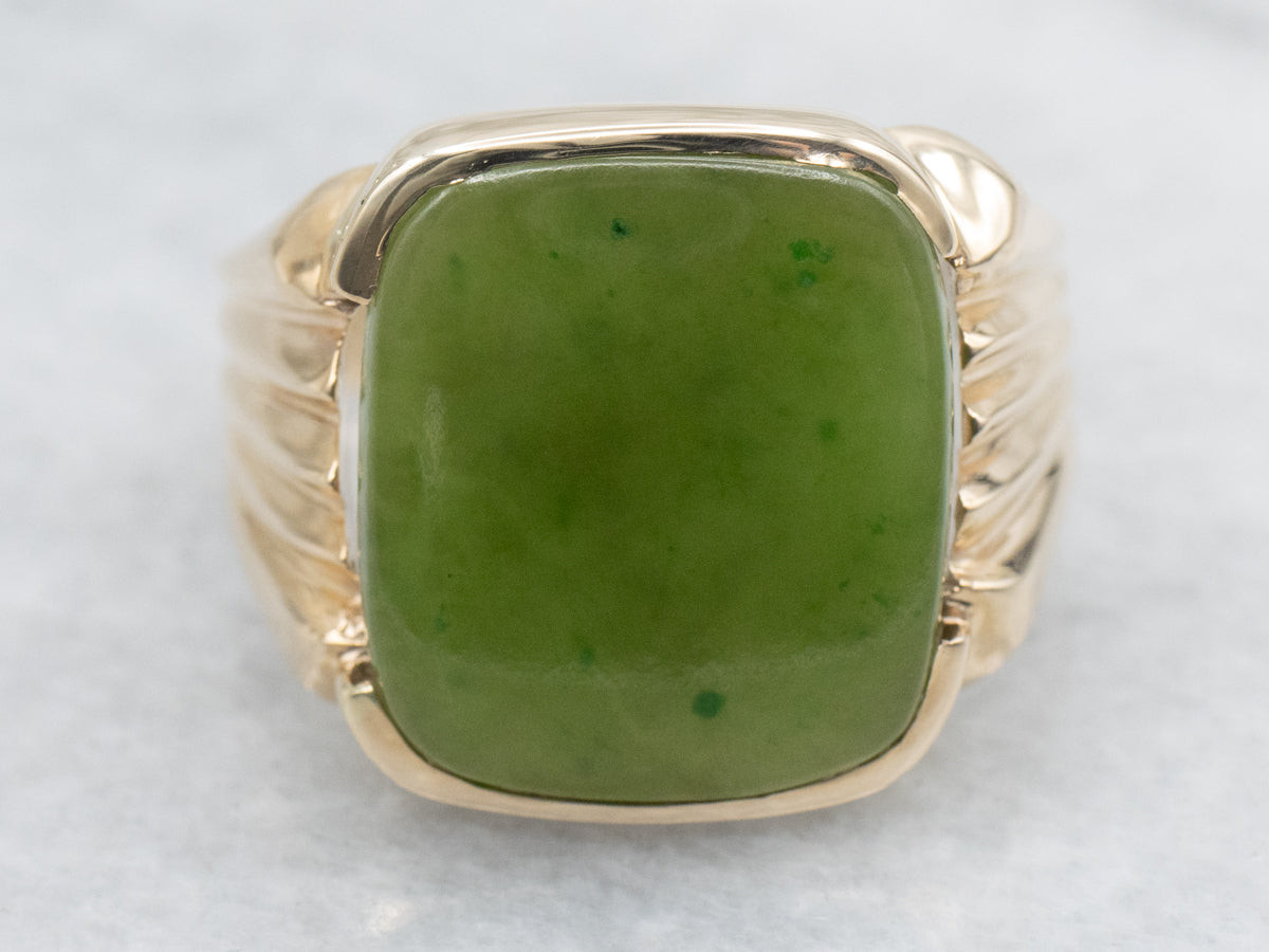 Men's Gold Nephrite Jade Ring with Grooved Shoulders