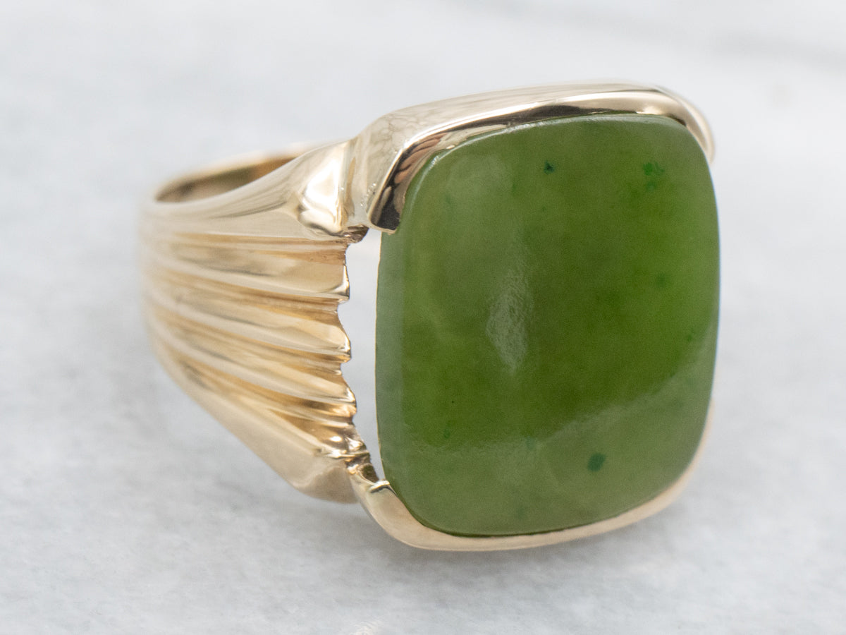 Men's Gold Nephrite Jade Ring with Grooved Shoulders