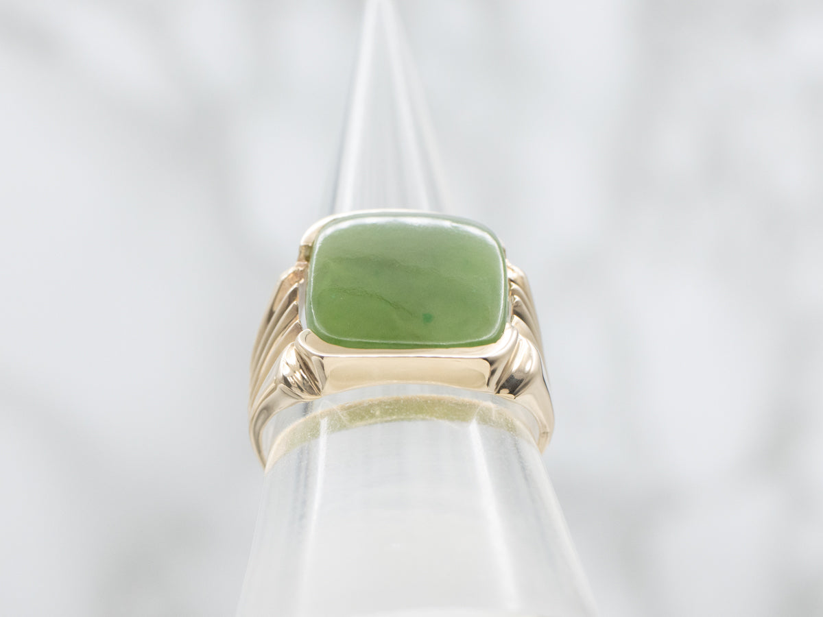 Men's Gold Nephrite Jade Ring with Grooved Shoulders