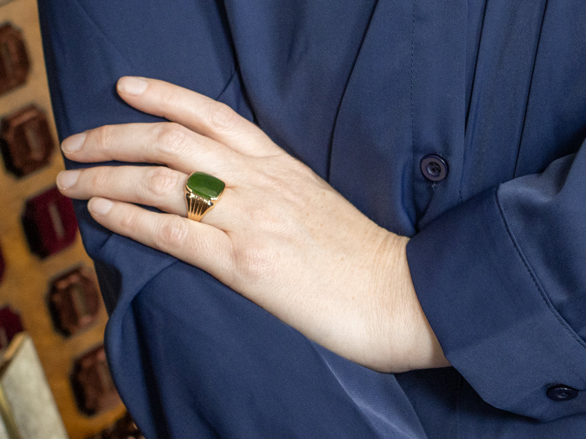 Men's Gold Nephrite Jade Ring with Grooved Shoulders