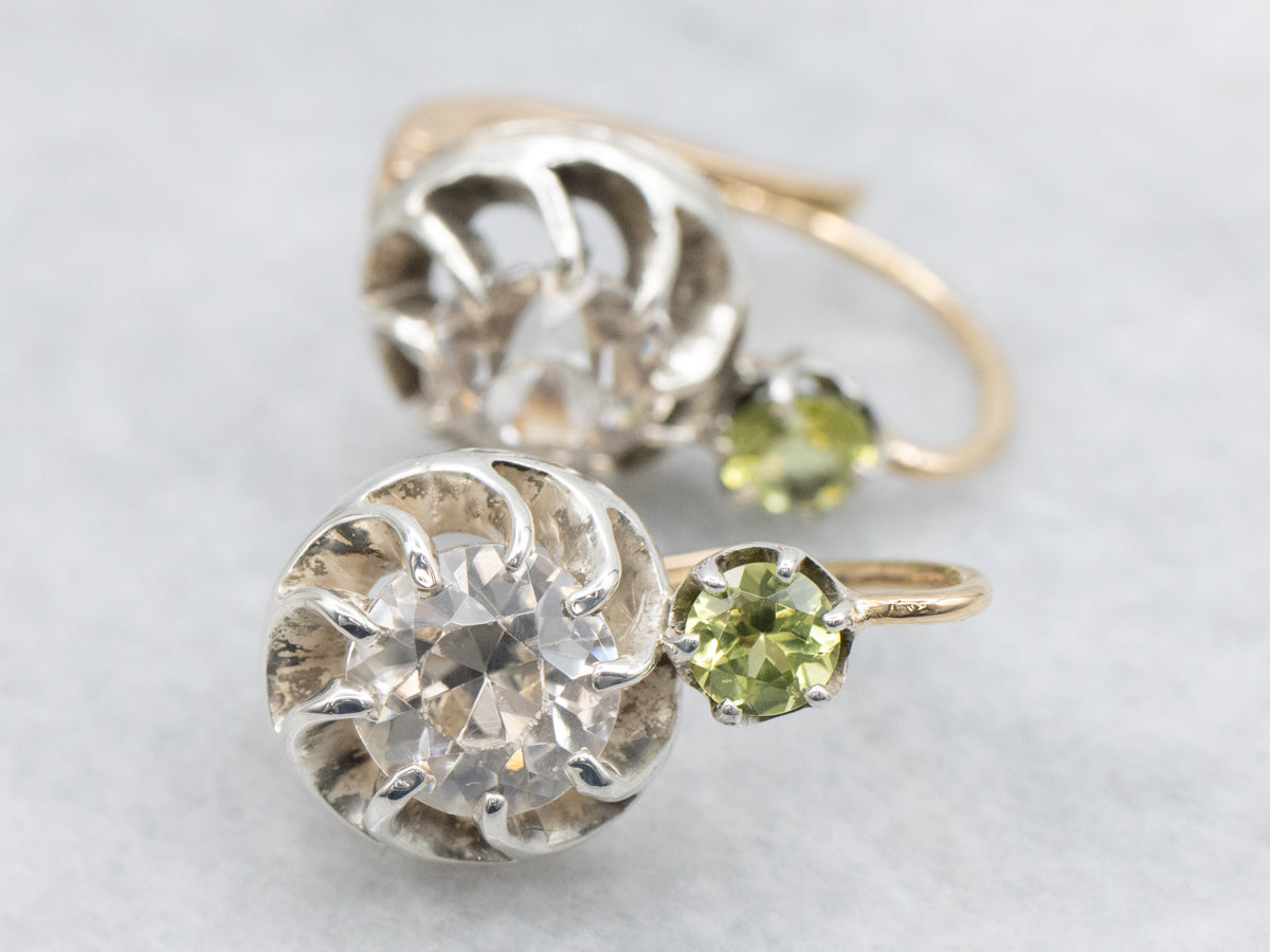 White Zircon and Peridot Gold and Sterling Silver Drop Earrings