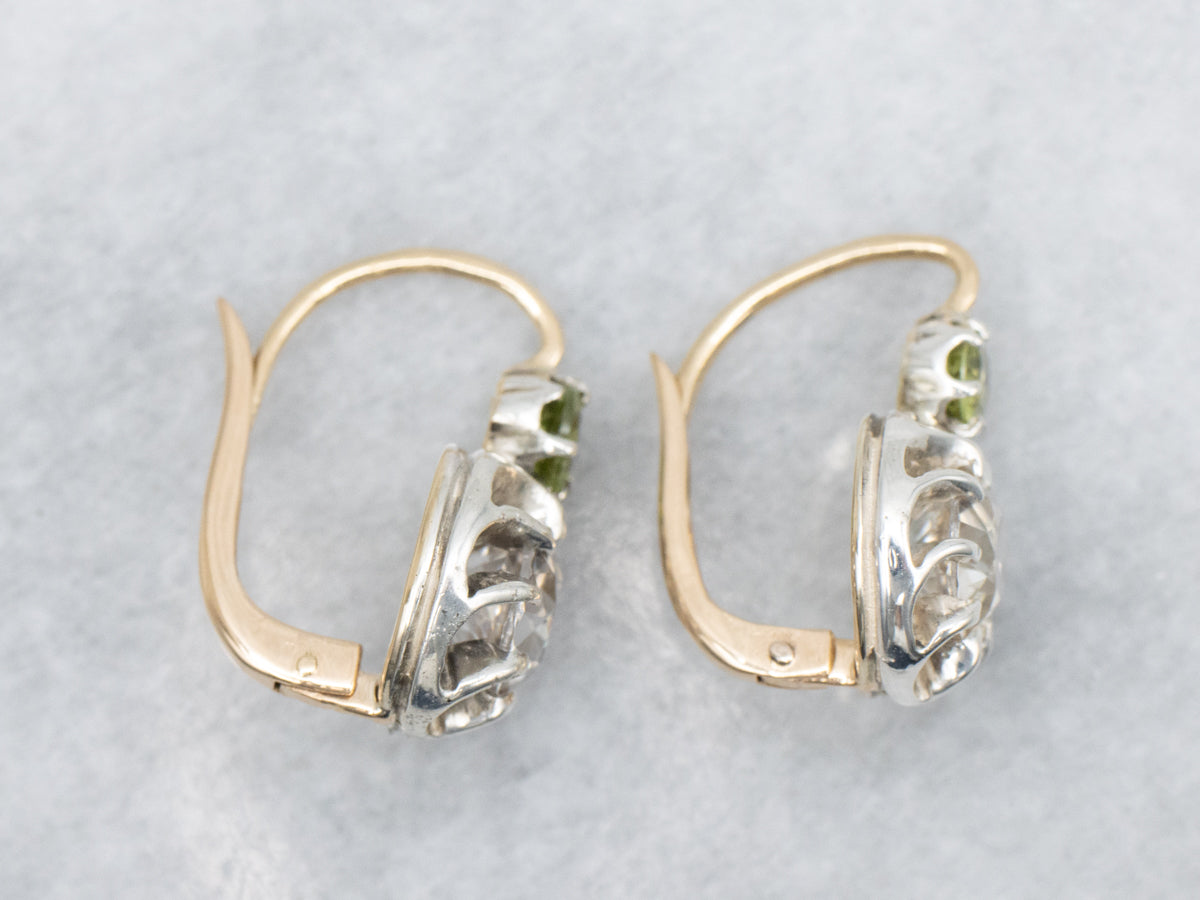 White Zircon and Peridot Gold and Sterling Silver Drop Earrings