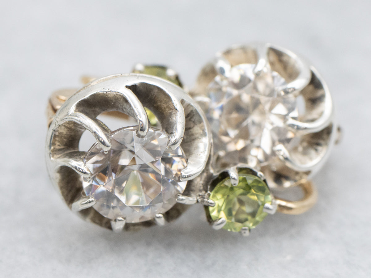 White Zircon and Peridot Gold and Sterling Silver Drop Earrings