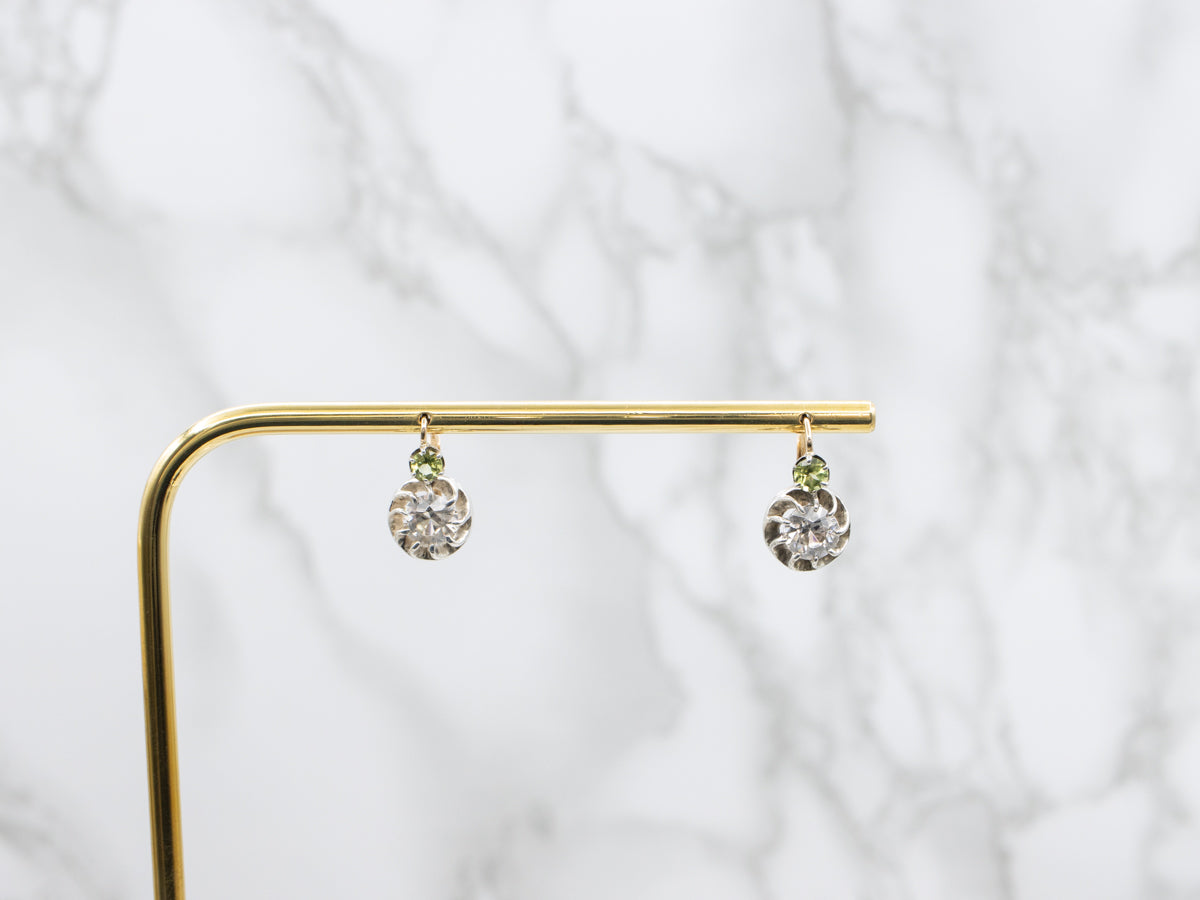 White Zircon and Peridot Gold and Sterling Silver Drop Earrings