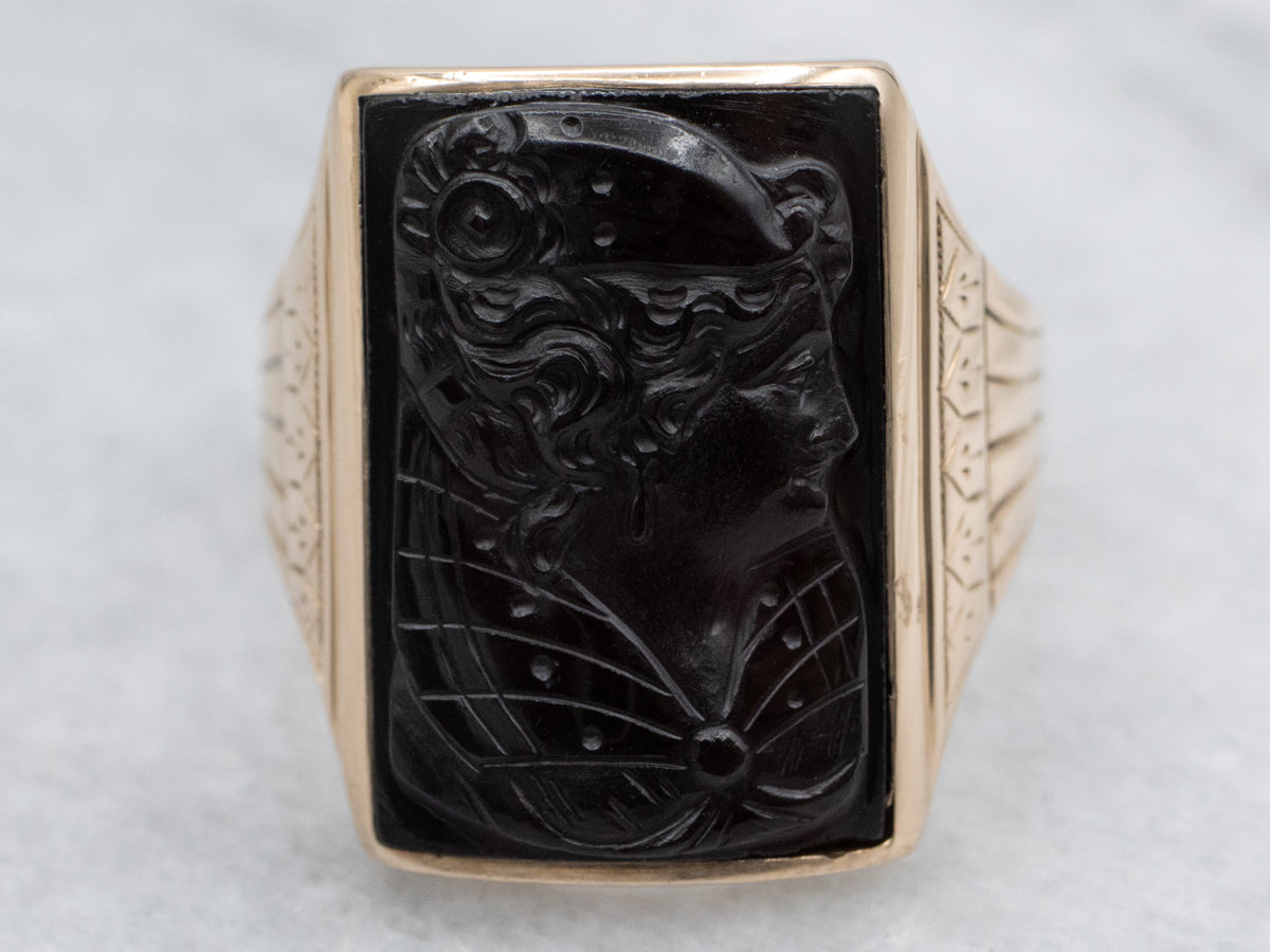 Antique Rose Gold Onyx Cameo Ring