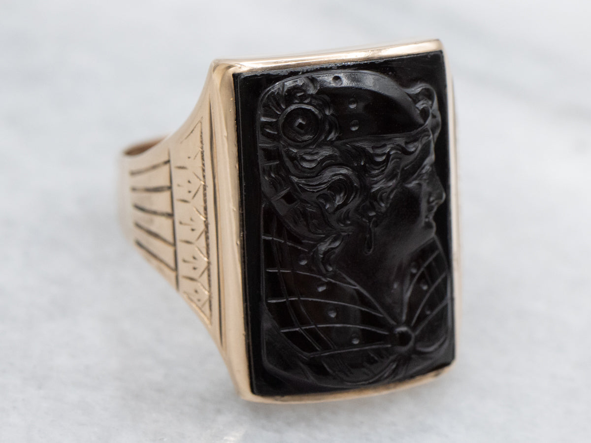 Antique Rose Gold Onyx Cameo Ring