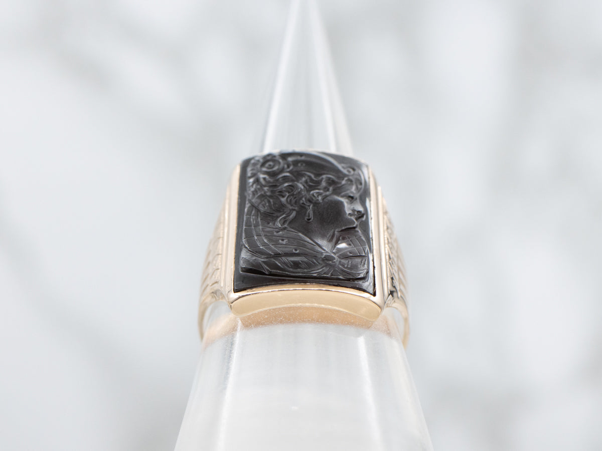 Antique Rose Gold Onyx Cameo Ring
