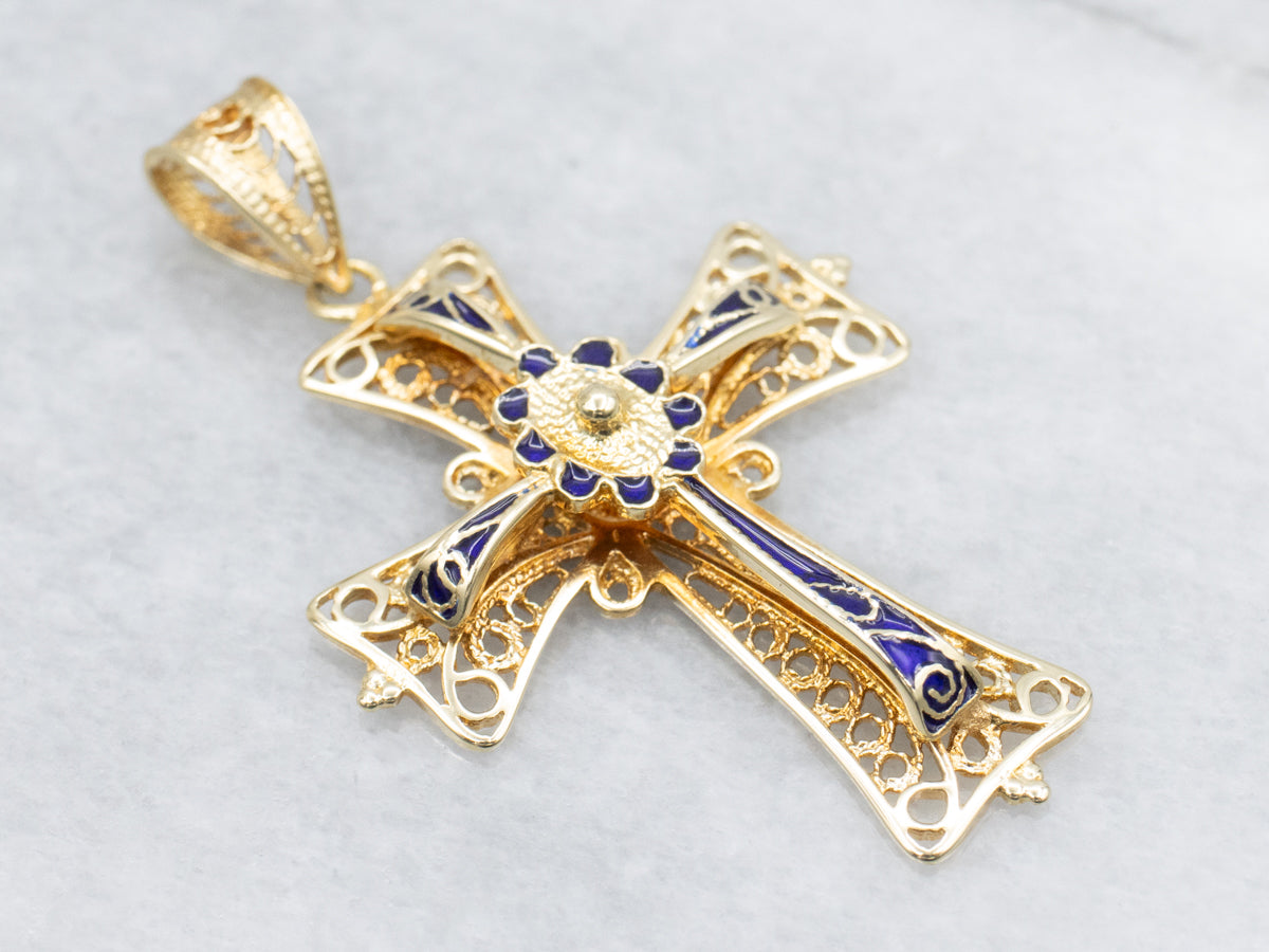 Gold and Blue Enamel Filigree Cross Pendant